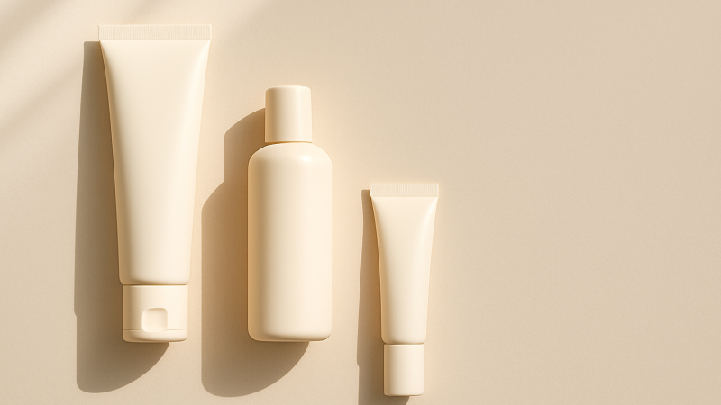 Minimalistische flatlay van drie neutrale zonnecrème-verpakkingen op een zachte beige achtergrond met subtiele schaduwen, in een rustige en cleane skincare-stijl.