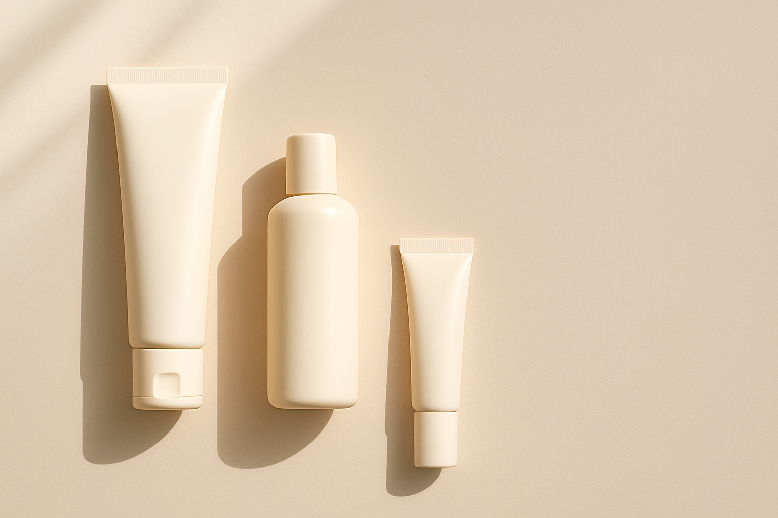 Minimalistische flatlay van drie neutrale zonnecrème-verpakkingen op een zachte beige achtergrond met subtiele schaduwen, in een rustige en cleane skincare-stijl.